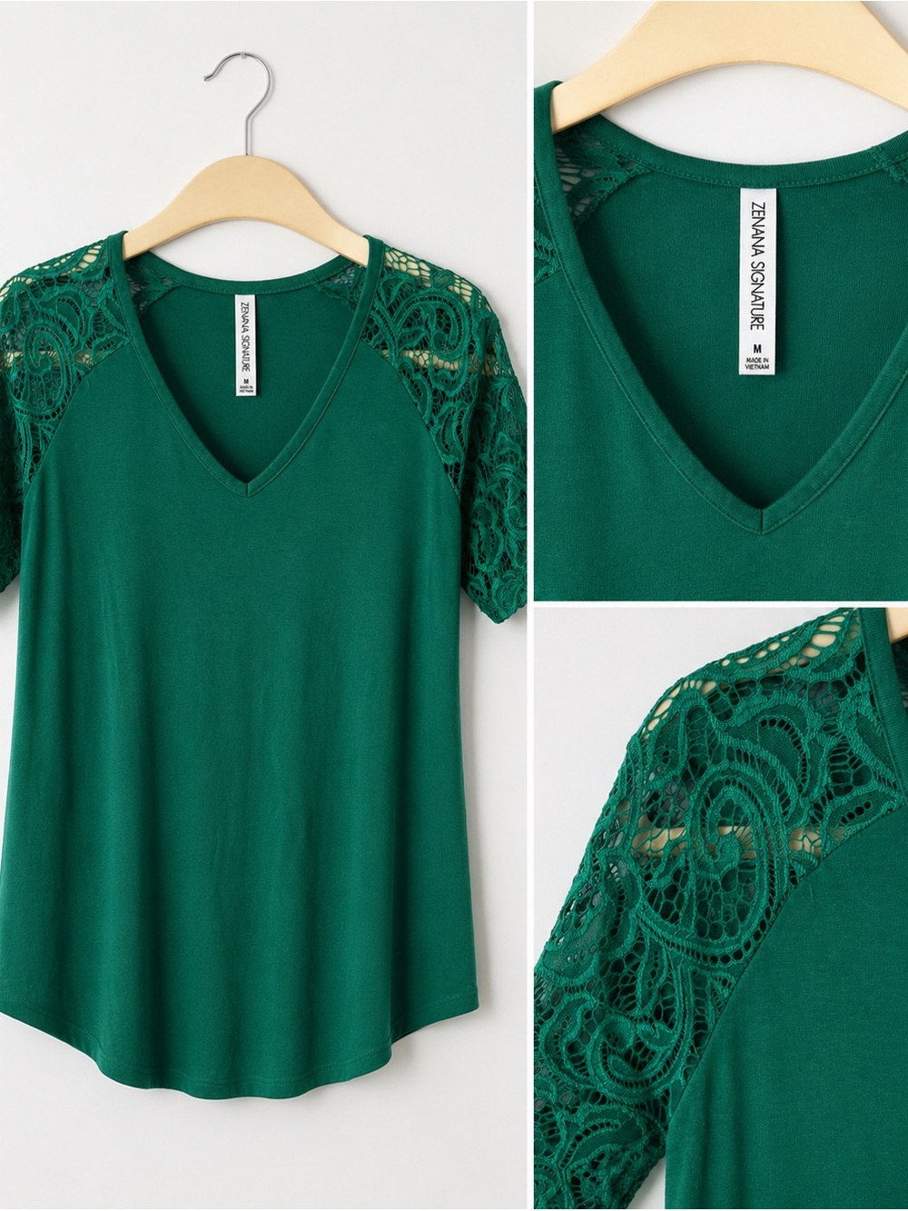 Zenna Signature Green V-Neck Tee with Lace Raglan Sleeves